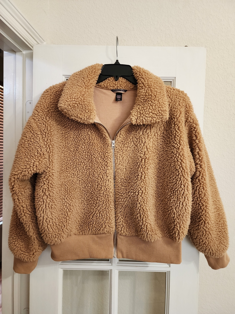 Victoria's Secret Teddy Sherpa Bomber Jacket Camel Large VS Logo Full Zip